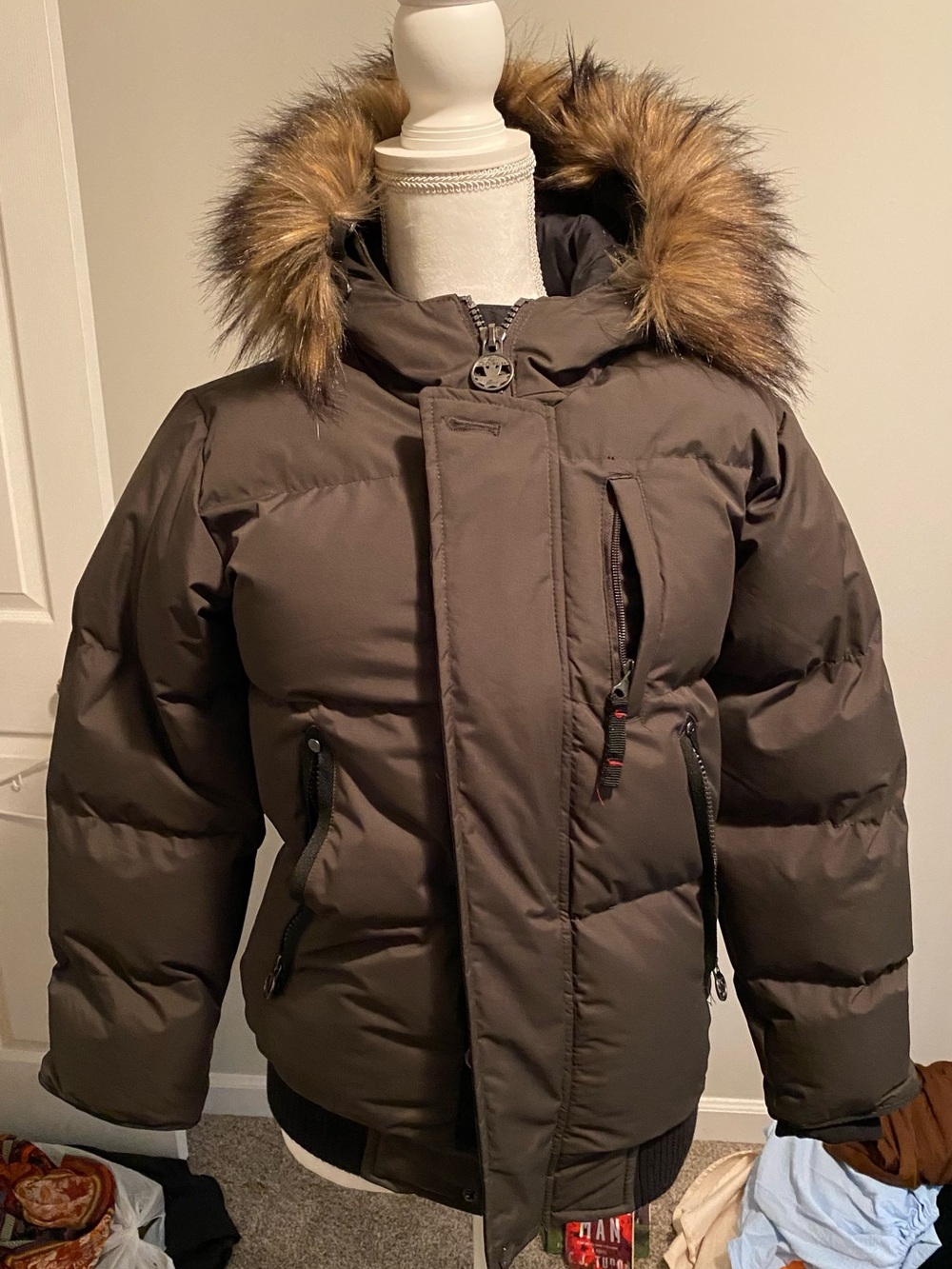 Boys Brown Puffer Jacket with Faux Fur Hood Size 10/12 Good Condition